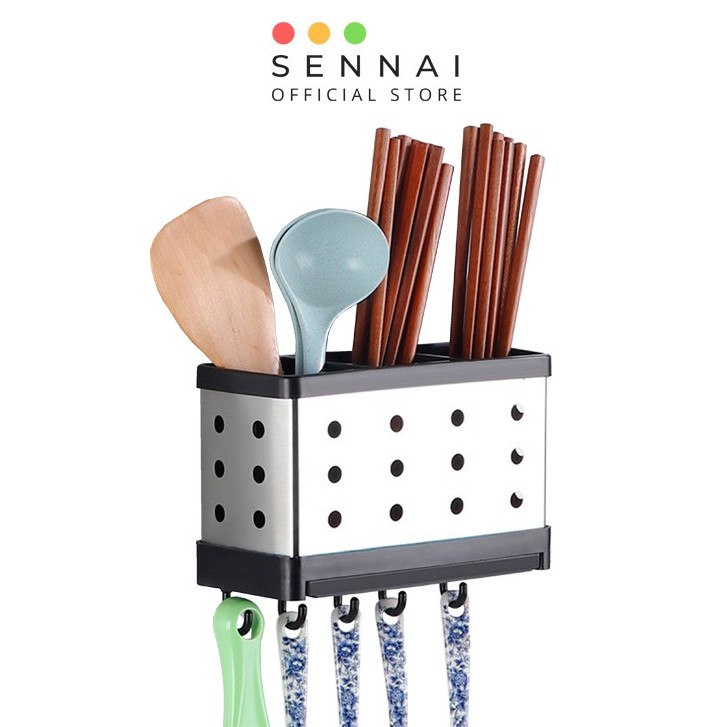 Ống Đựng Đũa Muỗng Inox 304 3 Ngăn Sennai Có Khay Hứng Nước - Tặng Kèm Móc Treo Đồ Đa Năng