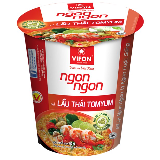 Mì Ly Ngon Ngon Lẩu Thái Tomyum 60g/ly Vifon [Thùng 24 Ly] .