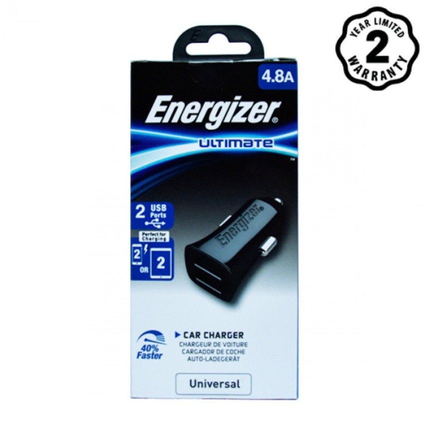 Sạc Ô tô Energizer UL 2 cổng USB 4.8A - DCA2DUBK3 cho xe hơi (Đen)