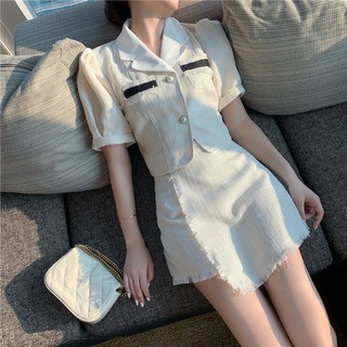 Set áo sơ mi trắng nút ngọc phối quần giả váy thanh lịch (có hình thật)