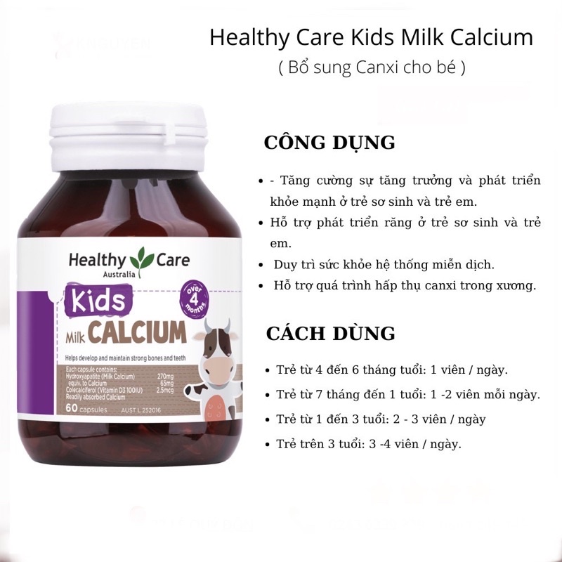 Viên uống canxi sữa cho bé - Milk Calcium Healthy care, lọ 60 viên, Mẫu mới