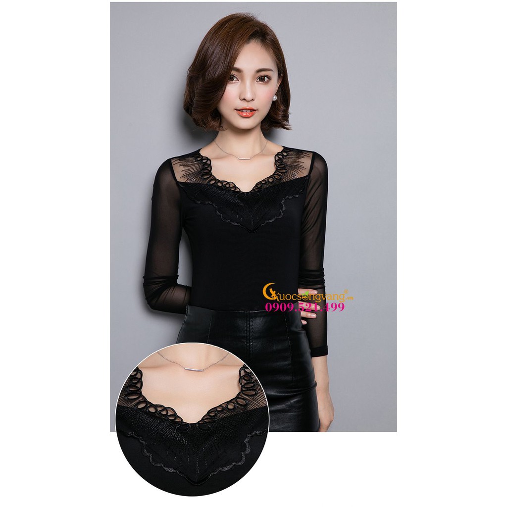 Áo nữ áo thun nữ dài tay dáng ôm cổ phối ren GLA076 Cuocsongvang