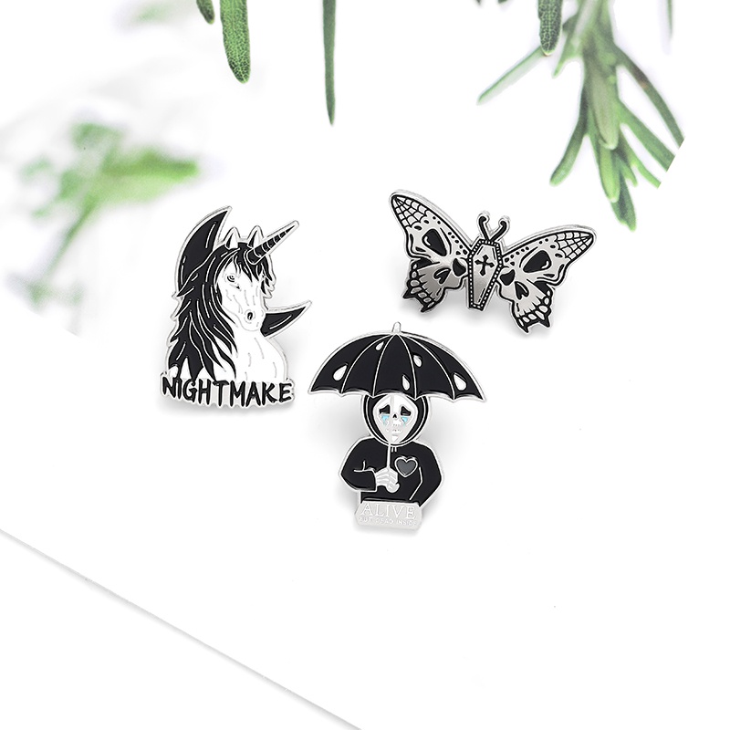Nightmare Enamel Pin Custom Horse Umbrella Skeleton Butterfly Brooch Bag Clothes Lapel Pin Gothic Badge Jewelry Gift for Friends