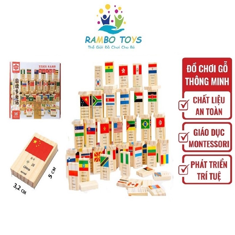 Đồ chơi Domino cờ các nước 100 chi tiết bằng gỗ cho bé, đồ chơi gỗ an toàn cho trẻ RAMBO TOYS