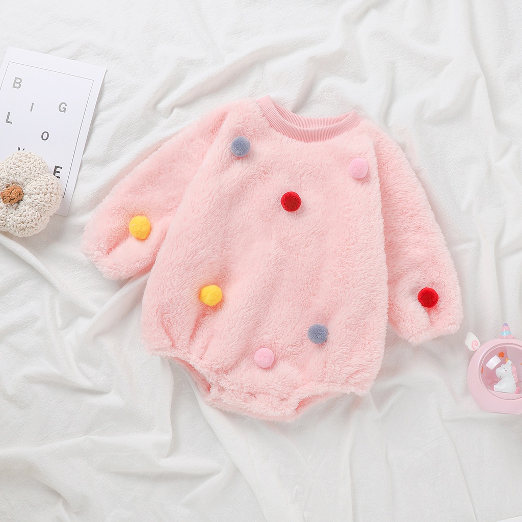 Bộ Áo Liền Quần Tay Dài Đính Bóng Lông Nhiều Màu Cho Bé Gái Sơ Sinh