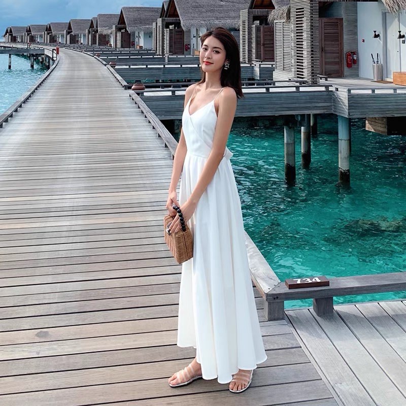Đầm maxi hở lưng đi biển vải lụa mango xịn CÓ MÚT NGỰC và có lót toàn thân