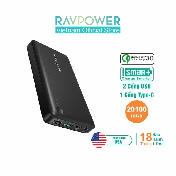 Sạc Dự Phòng QC 3.0 Ravpower  20100 mAh - RP-PB043 - PD 3.0 - 18W - Sạc Thông Minh ismart+ - Hàng Nhập Khẩu Chính Hãng