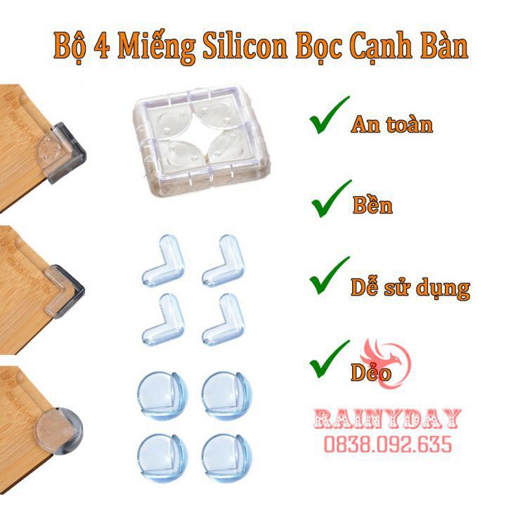 Bộ 4 miếng bọc bịt góc cạnh bàn kính ghế silicon chống va đập bảo vệ an toàn cho bé trong suốt