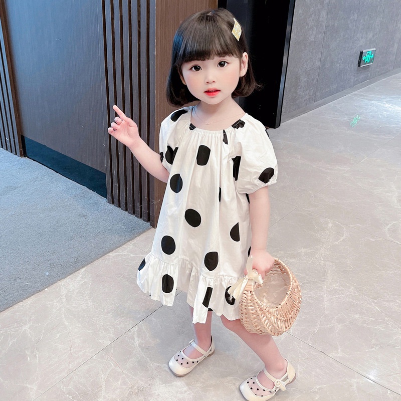 Váy bé gái chữ a tay bồng chấm bi đen trắng có nơ lưng xinh điệu đà cho bé yêu đi biển đi chơi