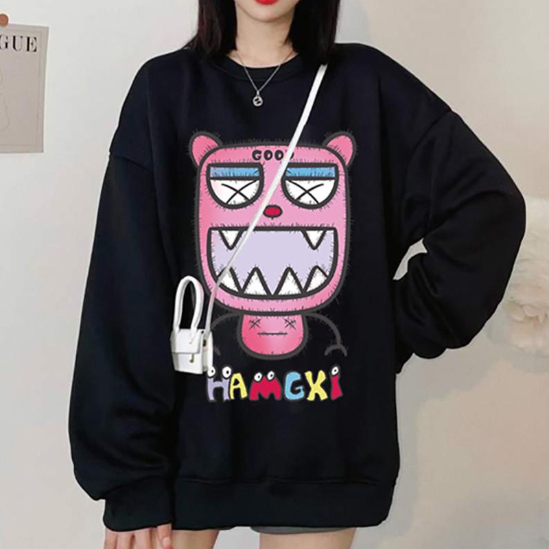 Áo sweater IELGY cổ tròn dáng rộng in hình hoạt hình xinh xắn cho nữ