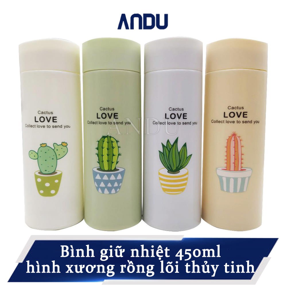 Bình Giữ Nhiệt Thủy Tinh Bọc Nhựa Lúa Mạch, Ly Giữ nhiệt 450ml Họa Tiết Xương Rồng