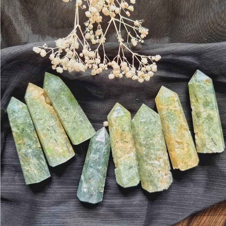 Trụ đá thanh tẩy thach anh tóc xanh Prehnite, dùng trong Tarot, Reiki, Thiền định, đá phong thủy