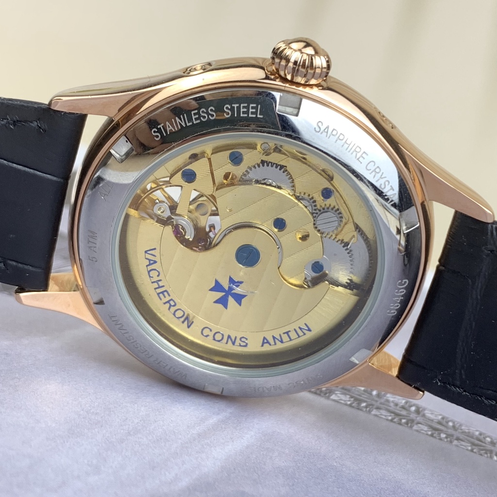 Đồng hồ Nam Vacheron- đồng hồ cơ Automatic 5 kim mặt trắng viền vàng size 40-41mm