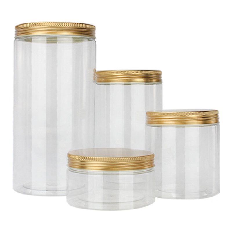 Multi-function PET Plastic Transparent Storage Cans/ Honey Tea Multigrain Food Jar with Gold Lid/ Kitchen Organize Container