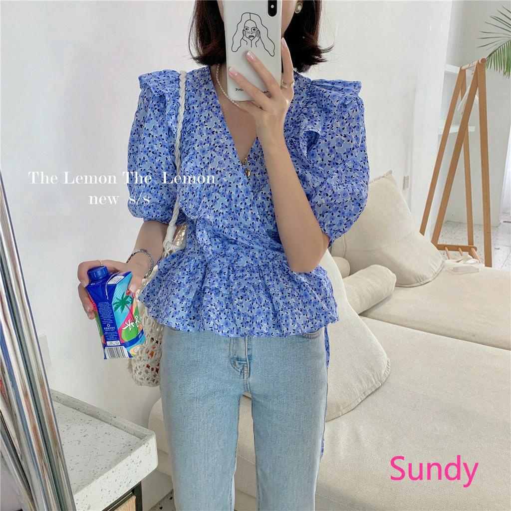 Áo Croptop Tay Phồng In Họa Tiết Hoa Phong Cách Retro Nữ Tính