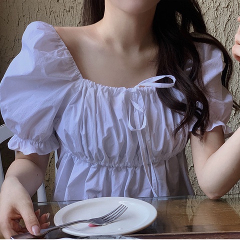 SUXI Áo Kiểu Tay Ngắn Cổ Vuông Màu Sắc Đơn Giản Phối Dây Rút Phong Cách Hàn Quốc Xinh Xắn