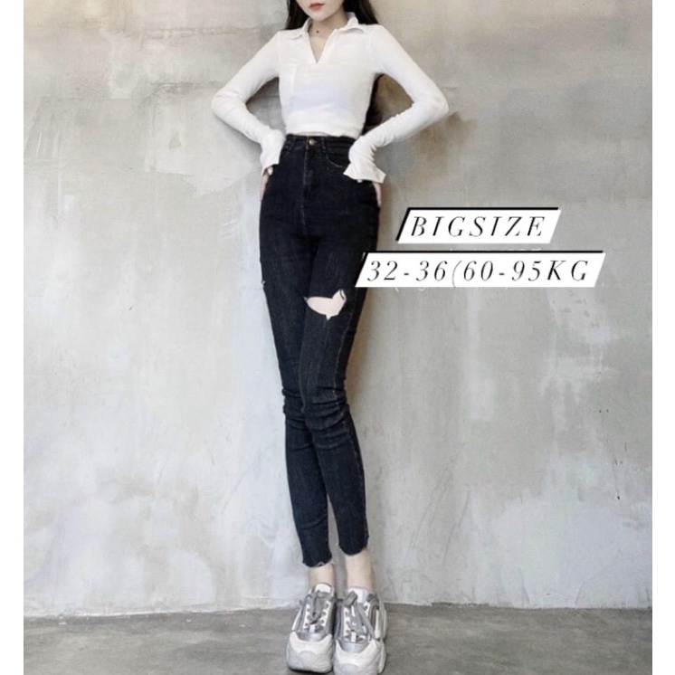 [Bigsize 32-36]  Quần Jean Skinny Màu Đen Rách Thời Trang, Jean Lưng Cao Qua Rốn-Co Giãn Mạnh