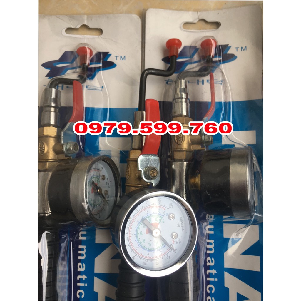 Tay bơm lốp xe tải xoáy ti van, có đồng hồ