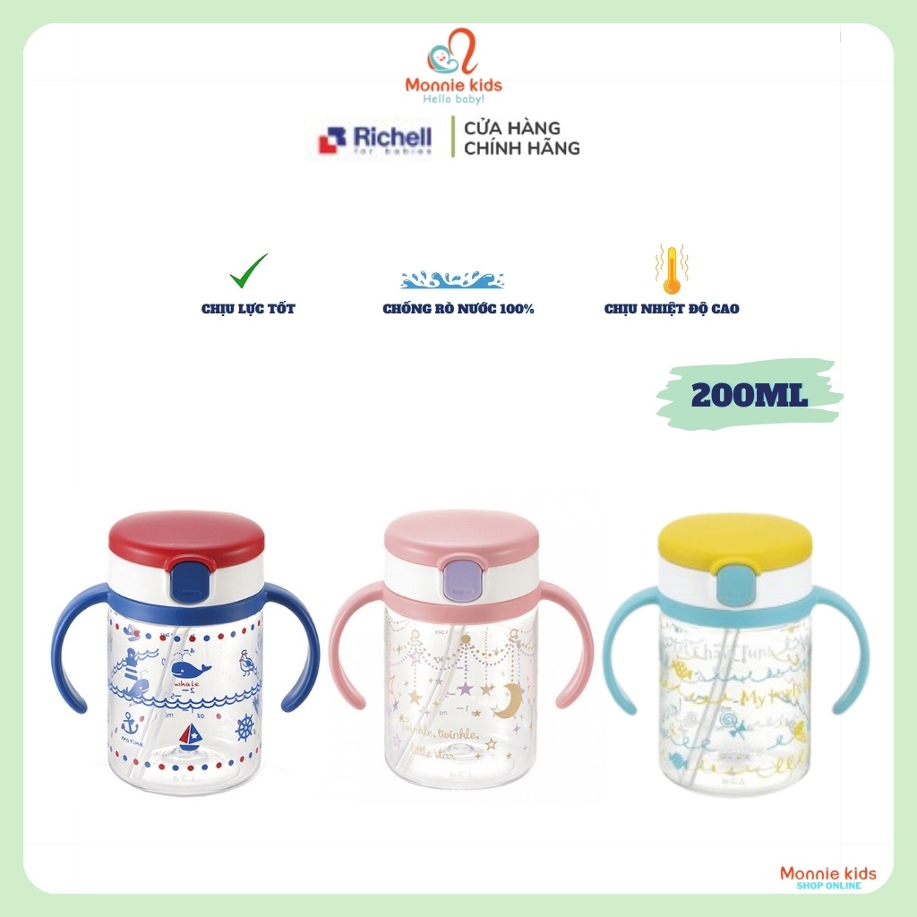 Cốc tập uống cho bé RICHELL 200ml, cốc tập uống nước chất liệu an toàn cao cấp - Monnie Kids