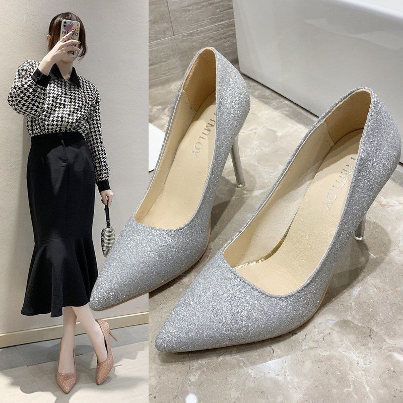 Giày cao gót mới của phụ nữ nhọn gợi cảm sequins bạc phiên bản Hàn Quốc tất cả các trận đấu mũi đơn lưới màu đỏ t