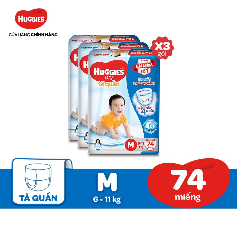 [Mã MKBHUGBU giảm 12% đơn từ 400K] Combo 3 Tã quần Huggies Dry Super Jumbo M74/L68/XL62/XXL56