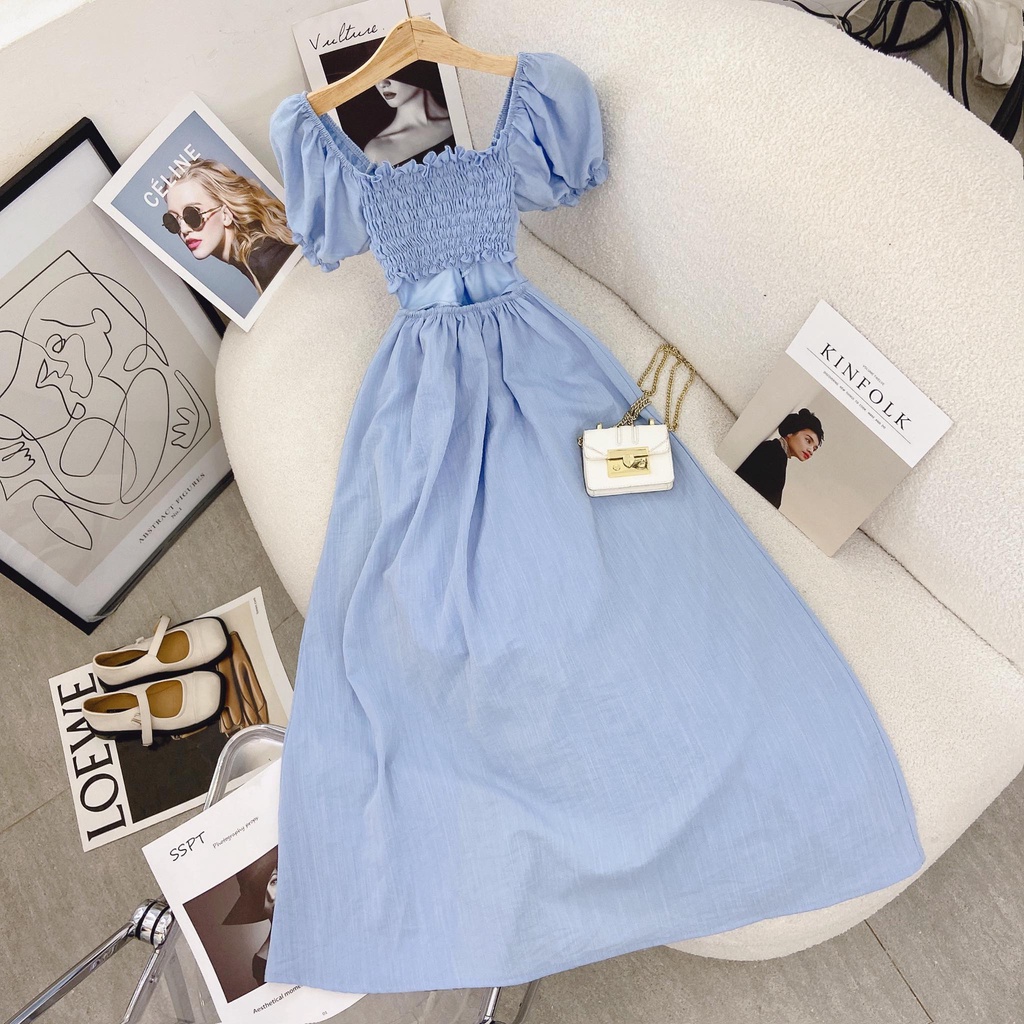 ĐẦM MAXI XANH NHÚN XẾP NGỰC BO THUN SAU XẺ TÀ | BigBuy360 - bigbuy360.vn