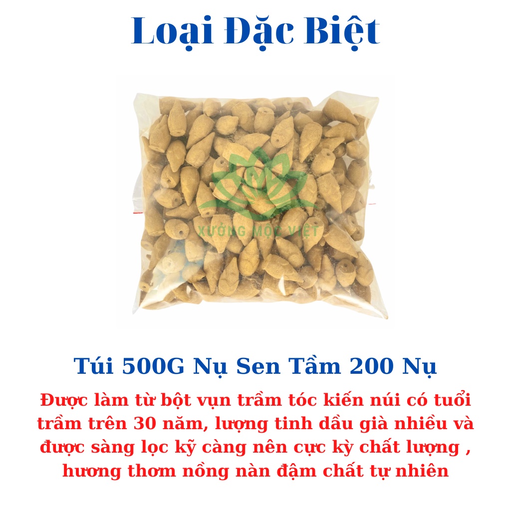 Nhang Nụ Trầm Hương Khói Ngược Sạch Nguyên Chất Tự Nhiên Không Hoá Chất Xưởng Mộc Việt - Túi 500G ( Tầm 200 Nụ Sen )