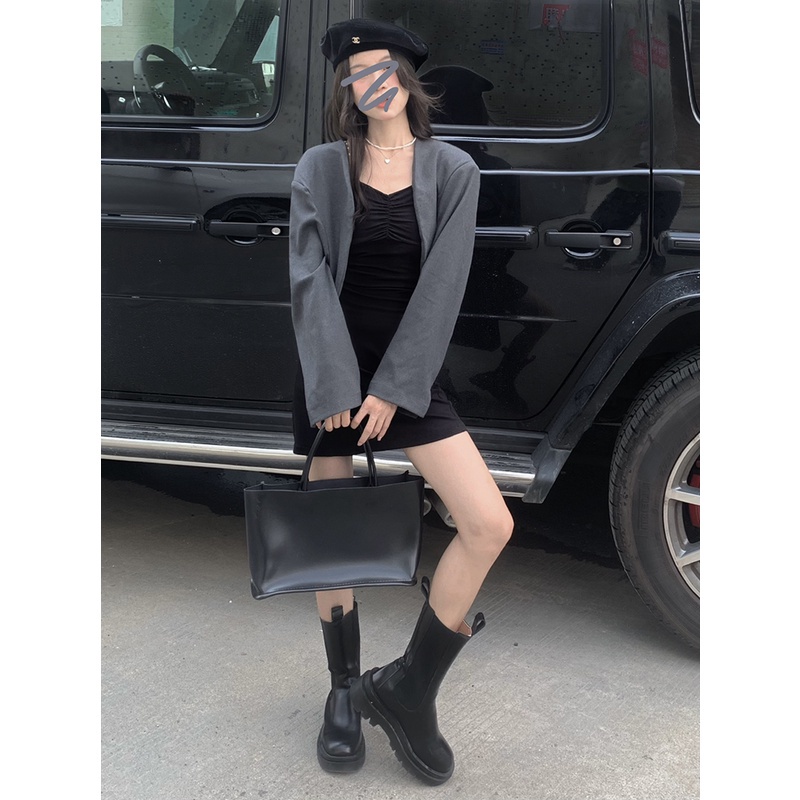 Đầm Hai Dây Tay Dài / Áo Khoác Vest Dáng Ôm Đính Ngọc Trai Thời Trang Hàn Quốc Quyến Rũ Cho Nữ