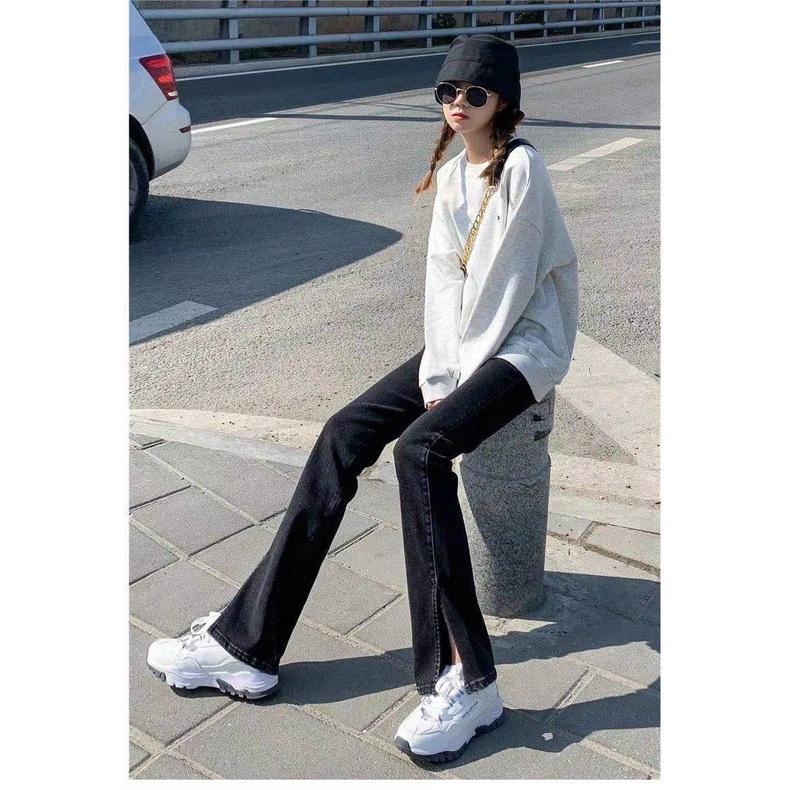 Quần Jean Đen Ống Rộng Xẻ Tà Lưng Cao Thời Trang Xuân Thu Dành Cho Nữ 2022