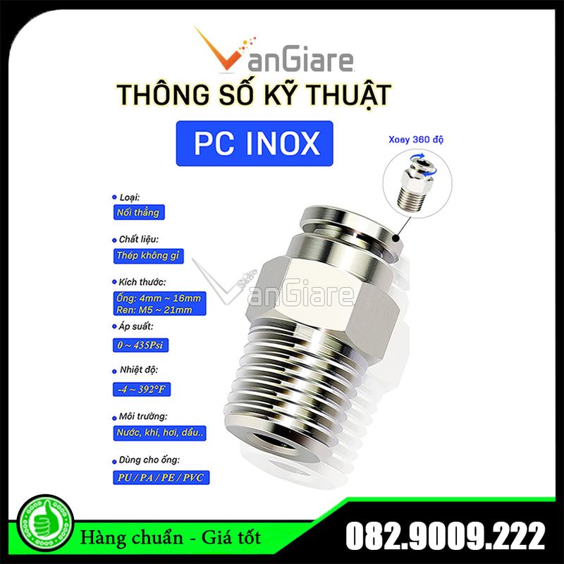 Nối nhanh khí nén ren ngoài PC inox cho ống hơi PU PA PE PVC phi 4mm 6mm 8mm 10mm 12mm 14mm 16mm
