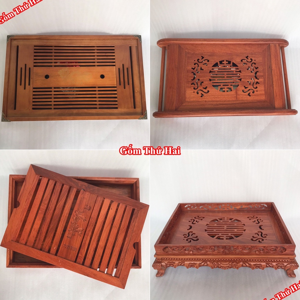Khay đựng bộ ấm chén uống trà Bát Tràng chất liệu gỗ, Gốm Thứ Hai