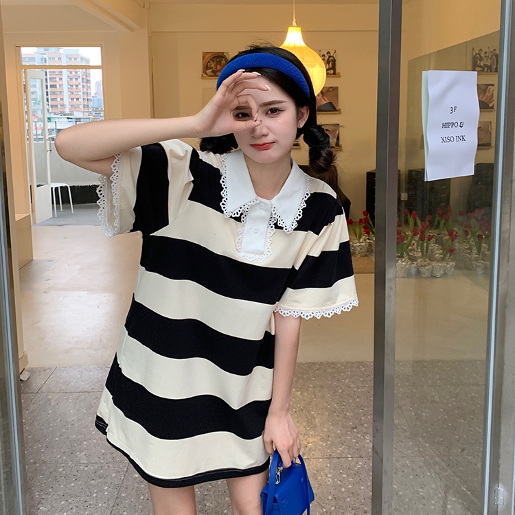 Đầm Cổ Polo Họa Tiết Kẻ Sọc Viền Ren Dáng Rộng Thời Trang Mùa Hè Hàng Mới Dành Cho Bạn Nữ