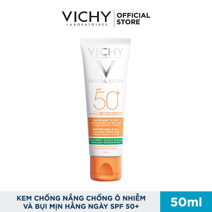 Kem Chống Nắng Chống Tia UVA + UVB Chống Ô Nhiễm Và Bụi Mịn Hằng Ngày Vichy Spf50+ Capital Soleil Mattifying 3 in 1 50ml | BigBuy360 - bigbuy360.vn