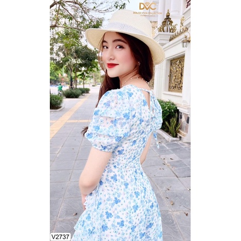 V2737 váy voan hoa xanh