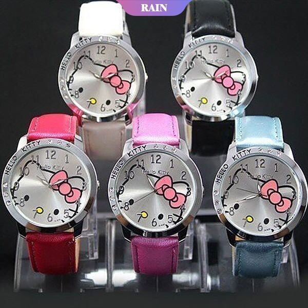 Đồng Hồ Đeo Tay Dây Da PU Mặt Hello Kitty Dễ Thương Dành Cho Bé Gái
