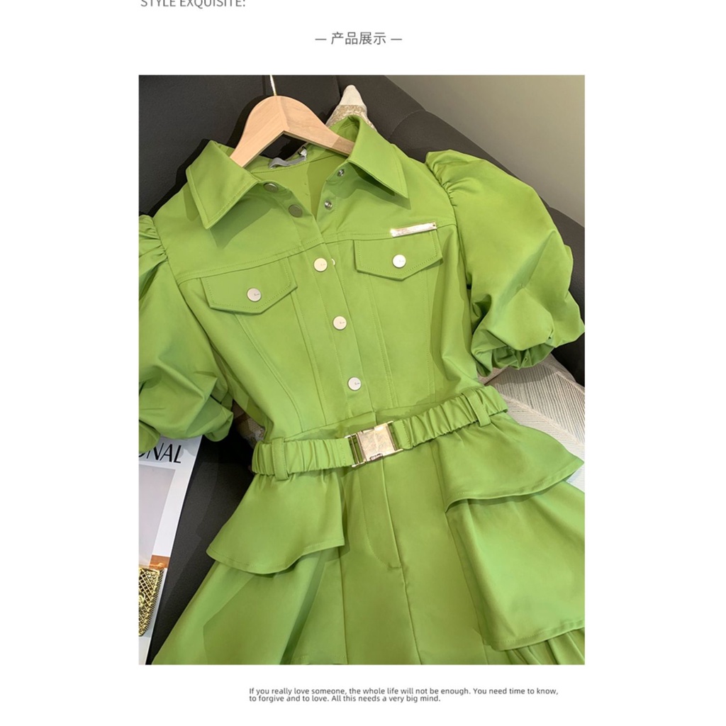 Bộ Áo Liền Quần Ngắn Tay Lưng Cao Nhún Bèo Màu Xanh Bơ Thời Trang Mùa Hè Xinh Xắn Cho Nữ