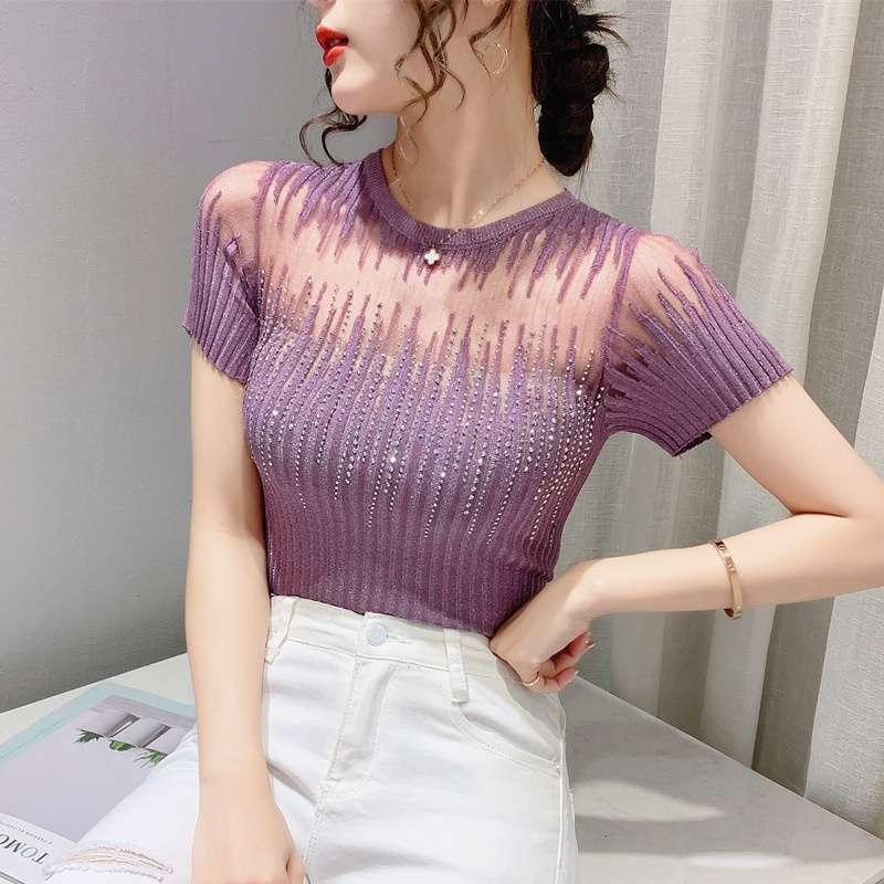 Áo lưới nữ áo thun tay ngắn nữ Đính Đá Thời Trang Mùa Hè