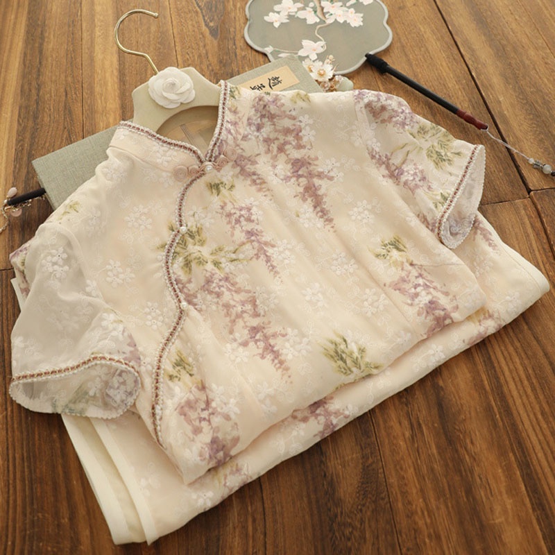 Mới Đầm Sườn Xám Tay Ngắn Phối Ren Thêu Họa Tiết Đính Ngọc Trai Phong Cách Vintage Thanh Lịch Cho Nữ