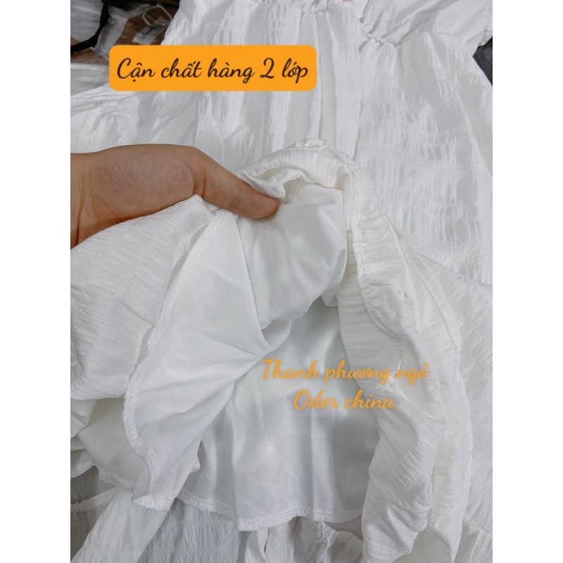 Đầm trắng khuy cúc ngực bồng bềnh nhẹ nhàng hàng 2 lớp cộc tay | BigBuy360 - bigbuy360.vn