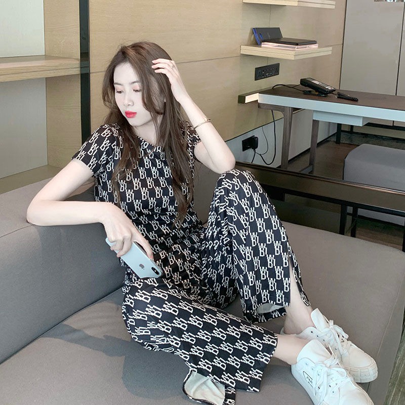 Set Áo Thun Ngắn Tay Và Quần Dài Lưng Cao Ống Rộng Thời Trang Hè Trẻ Trung