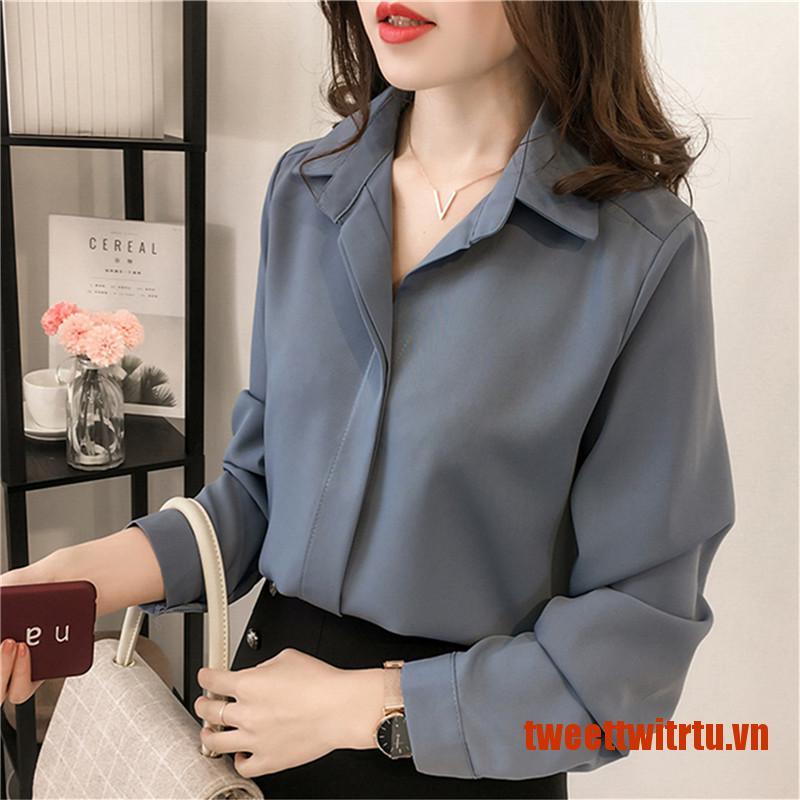 TRITU Plus Size Women Fashion Chiffon Blouse Long Sleeve Office Blouse Shirt