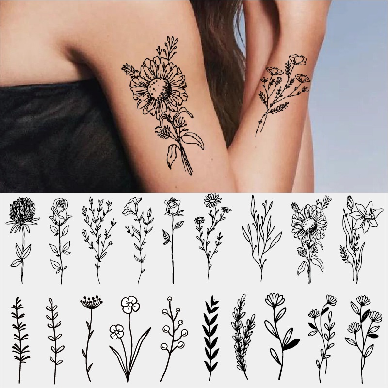 Hình Xăm Dán Tạm Thời Hình Hoa Hướng Dương/Hoa Oải Hương Màu Đen Chống Thấm Nước