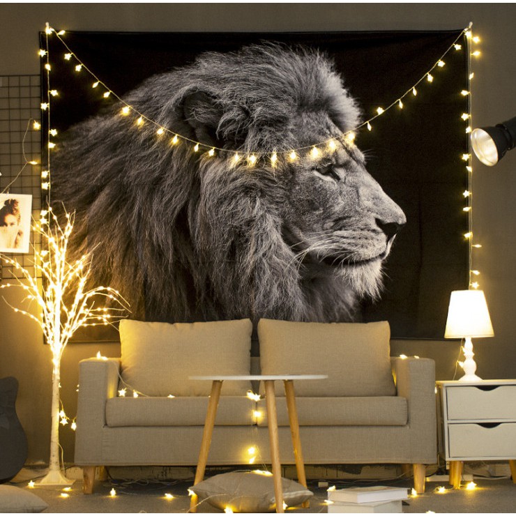 [Giảm giá sốc] Tranh vải treo tường - Thảm treo tường hình sư tử trắng đen siêu đẹp có Tặng thêm đèn nháy và móc treo