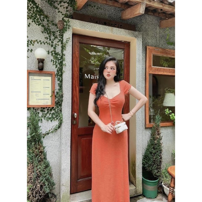 [10.10 Sale Freeship] Đầm body dáng dài cổ vuông tay ngắn có nhún ngực xòe nhẹ, đầm ôm body cực sexy dạo phố sang chảnh