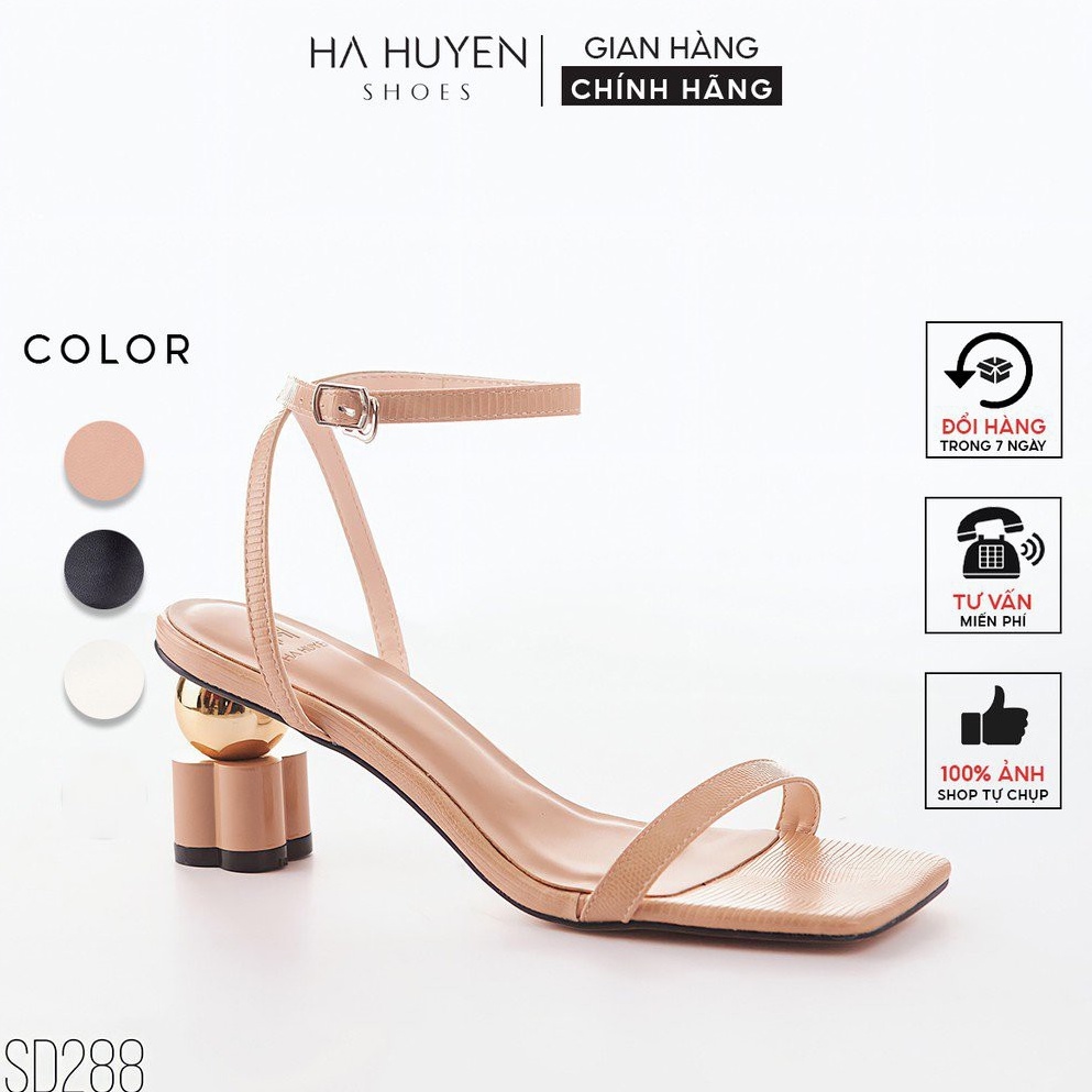 Sandal cao gót nữ Hà Huyền Shoes quai mảnh da xước gót vuông hoa phối quả tròn kim loại 7 phân - SD288