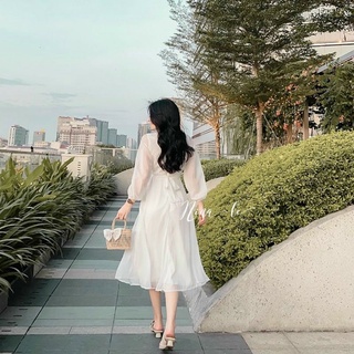 ĐẦM TRẮNG TAY DÀI THẮT NƠ EO VOAN TƠ LỤA