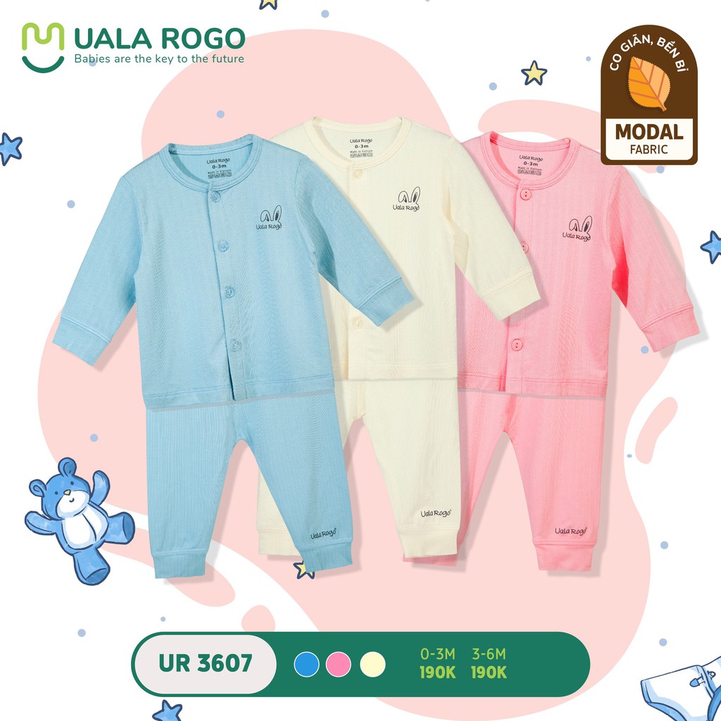 Bộ Uala Rogo modal mềm mịn mỏng nhẹ cao cấp thấm hút tốt siêu hot dài tay cài giữa họa tiết nhí bé trai bé gái 3607 3620