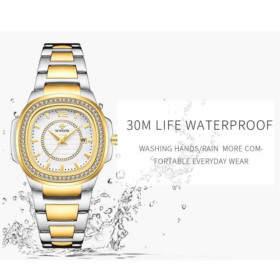 WWOOR  Đồng hồ đeo tay  máy Quartz mặt vuông chất liệu thép không gỉ mạ vàng sang trọng-8874