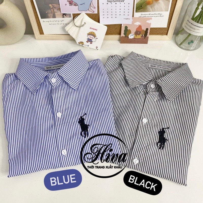 Áo sơ mi nữ vải lụa Hàn cộc tay lỡ thêu hình logo ngựa form rộng ulzzang ảnh thật