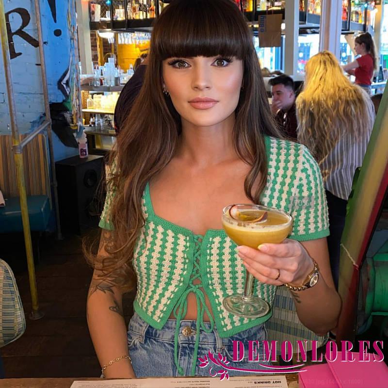 Áo Dệt Kim Tay Ngắn Cổ Vuông Họa Tiết Kẻ Sọc Với Dây Tùy Chỉnh Thời Trang Mùa Hè Cho Nữ